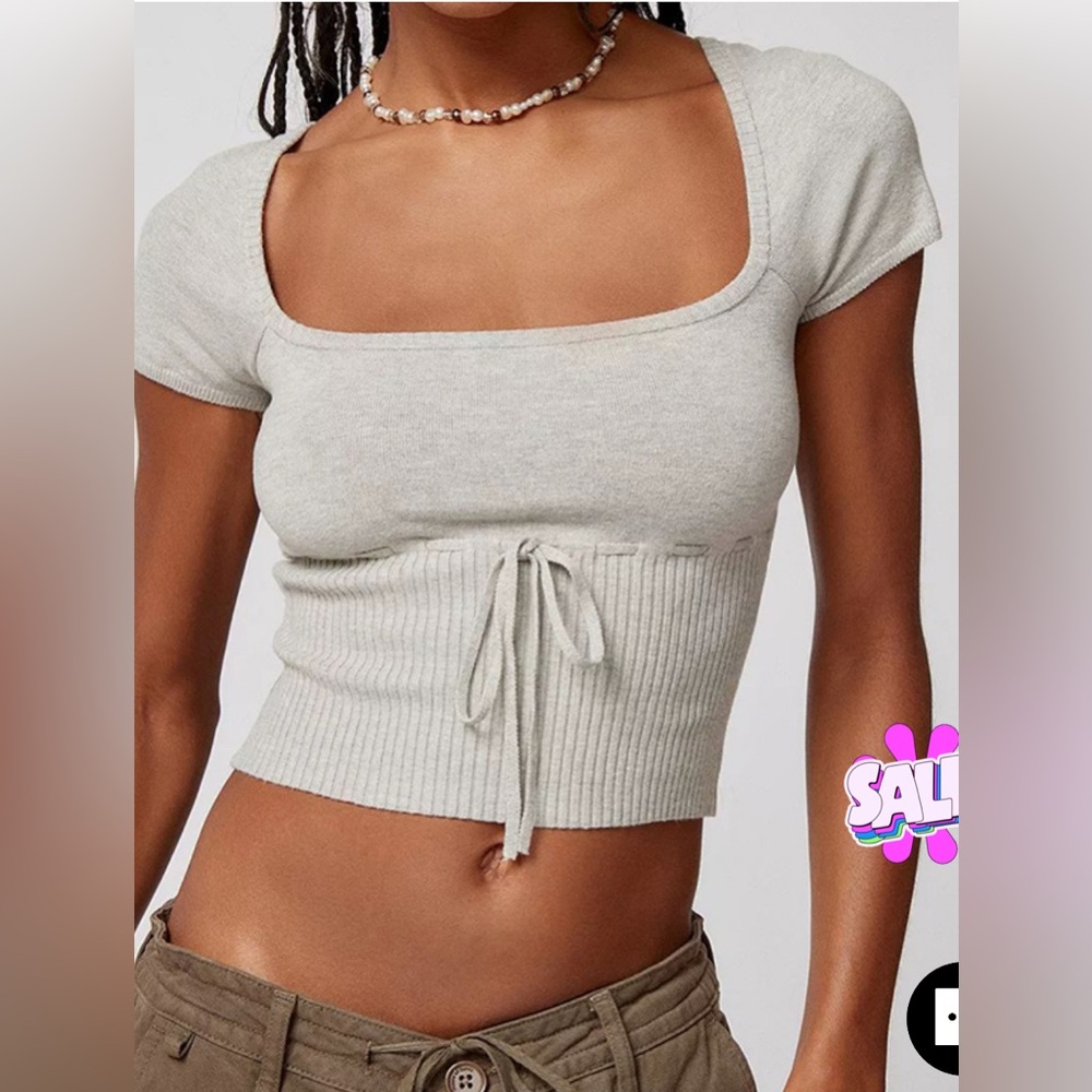 Kimchi Blue Light Gray Square Neck Short Sleeve Knit Crop Top